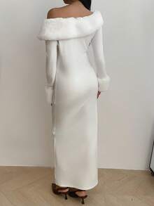 SHEIN EZwear Women's New Autumn/Winter White Knitted Patchwork Fuzzy Shoulder Long Dress For Going Out Outfits - White - View 2