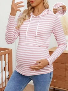 SHEIN 条纹印花连帽休闲长袖哺乳上衣 - 彩色 - 查看 1