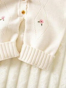SHEIN Baby Mädchen Blumen Stickerei Knopfleiste Rundhals Langarm Romper Herbst Winter Kleidung für Frauen - Beige - Übersicht 7