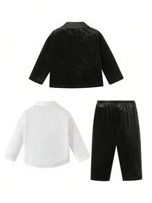 SHEIN 3 件套男婴优雅天鹅绒西装外套、白色长袖衬衫和裤子套装，绅士装，适合生日派对、正式场合、婚礼、圣诞节、万圣节秋冬女士服装 - 黑色 - 查看 2
