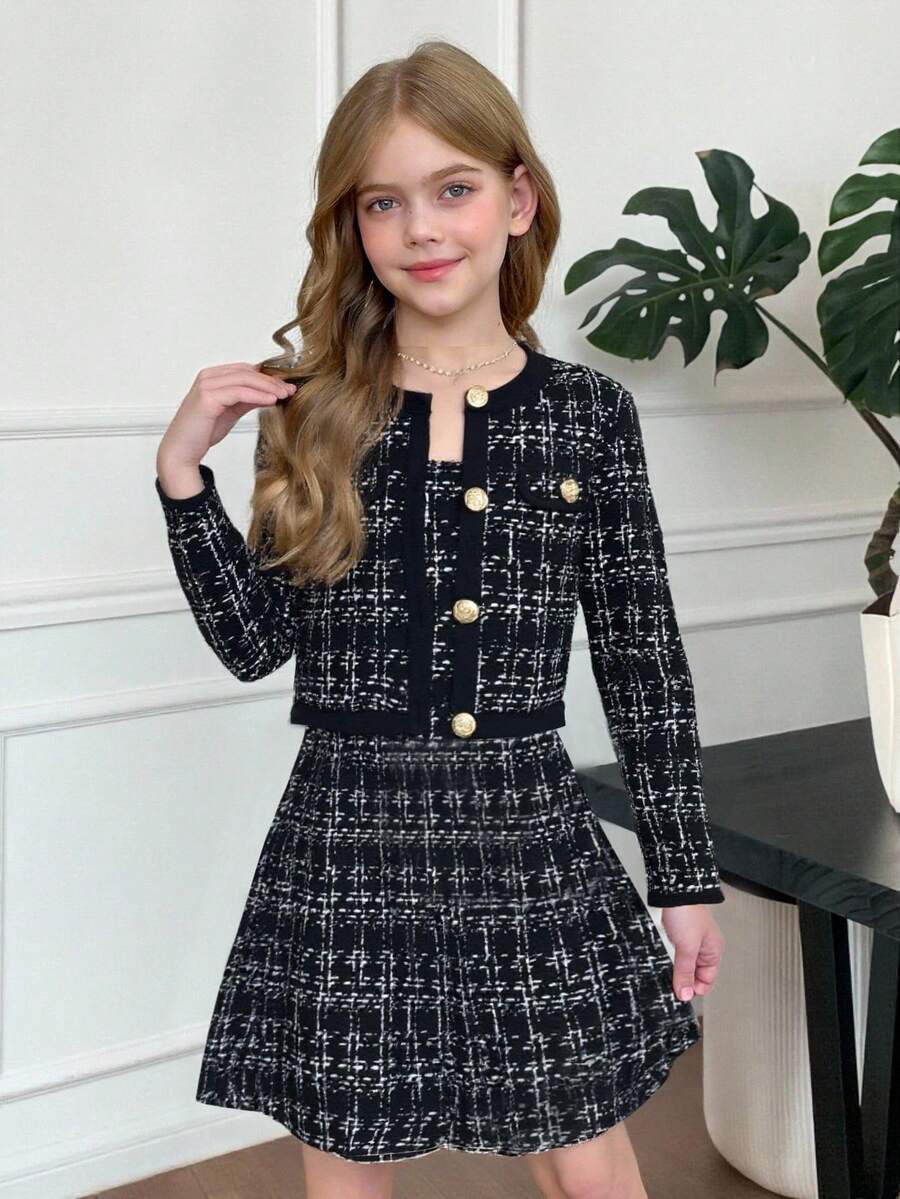 Serisse Kids 2 件青少年女孩休闲通勤时尚优雅黑白格子背带裙搭配撞色金属纽扣装饰夹克，时尚日常穿着，秋冬 - 黑與白 - 查看 1