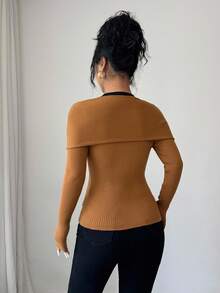 Rafferiza Women's Autumn And Winter Brown Commuting Round Neck Straight Shoulder Long Sleeves Contrast Color Slim Fit Stretch Knitted Cardigan, Winter Fall Autumn Fall New Year Thanksgiving Party Wedding Elegant - Multicolor - View 2
