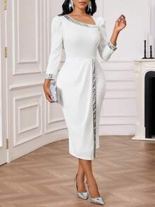 SHEIN Lady Elegant Party Sequin Decor White Wrap Dress - White - View 7