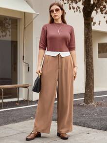 Calvaya Plus Size Fashion Commuter Colorblock Asymmetric Waistband Design Pants - Khaki - View 5