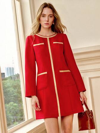 Écloséra 女士秋冬高领粗花呢拼布金丝带饰边连衣裙/短裙，节日优雅派对