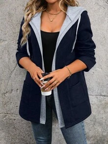 SHEIN CURVE+ 女士保暖内衬休闲通勤时尚法式优雅街头复古百搭假日商务杏色长袖二合一常规夹克，秋冬 - 彩色 - 查看 3