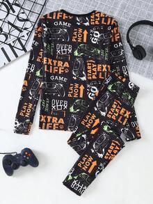 2pcs Teen Boys' Graffiti Game Console Print Knit Stretchy Fabric Comfortable Soft Orange & White Round Neck Long Sleeve Top And Pants Loungewear Set - Multicolor - View 5