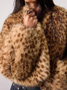 LYSMO 女式豹纹长袖宽松前开仿皮草时尚夹克 - 棕色 - 查看 7