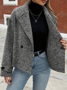 Elenzga Szary płaszcz z wełnianej wełny z długim rękawem i prostymi nogawkami w jodełkę, luźny, na co dzień, do biura, na imprezę, eleganckie wesele, Halloween, Boże Narodzenie, Nowy Rok, jesień i zimę. Standardowe rozmiary.