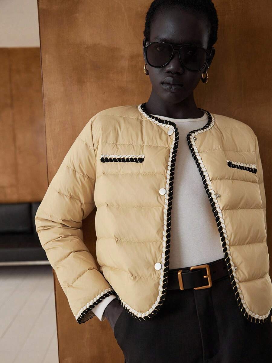 Lumivelle 女式卡其色短款羽绒服，纽扣开合，针织拼布边饰，冬季保暖 - 卡其色 - 查看 1