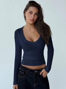 Aloruh 新款时尚深 V 领长袖合身复古麻花针织简约套头衫，秋冬百搭外套 - 藏蓝色 - 查看 5