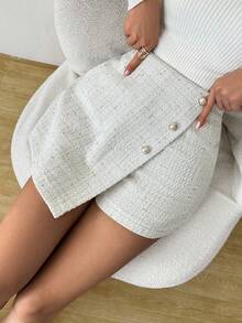 Islaluna Women's White Woven Fabric Button Detail Skort Casual Short Plain Zipper Skort Tweed Skirt