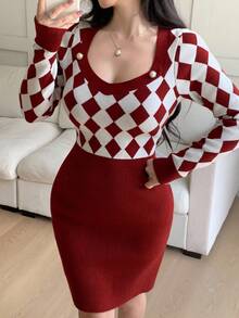 Modelyn Women's Rhombus Pattern Long Sleeve Fitted Elegant Knit Dress, Autumn/Winter - Red - View 6