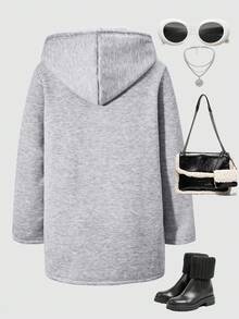 Streecool Teen Girls Jacket, Knitted Composite Thermal Lined Mid-Length Hooded Solid Color Jacket, Double-Breasted Design, Loose Fit, Side Pockets, Suitable For Casual, Commute, Vacation In Autumn/Winter - Grey - View 2