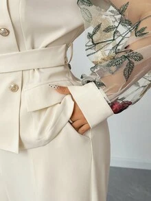 Elenzga Plus Size Women Elegant Contrast Mesh Embroidered Long Sleeve Blouse And High Waist Wide Leg Pants 2 Pieces Set - Apricot - View 7