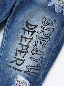 Baby Boys Street Fashion Ripped Distressed Stonewashed Straight Leg Jeans With Elastic Waist And Smiling Face English Print - Medium Wash - View 5