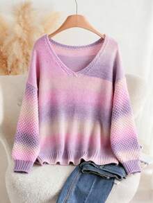 Franclia Pullover Sweater in Farbverlauf-Optik für Große Größen, Herbst/Winter Sonnenuntergangsfarben Sommer Pullover - Violett - Übersicht 1