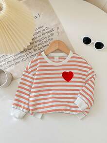 Baby Mädchen Französischer Streifen & Herz Patch Oversized Pullover Sweatshirt, geeignet für den lässigen Alltag im Herbst und Winter