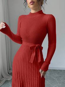 Rafferiza Elegant Solid Color Collared Knit Dress For Commuting