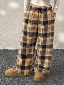 Coolane Kids 青少年女孩秋冬休闲前系带格子长裤 - 咖啡棕 - 查看 3