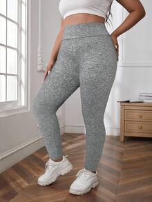 SHEIN LUNE 大码女式纯色高腰休闲紧身裤女式紧身裤灰色紧身裤健身服女式紧身裤 - 灰色 - 查看 4