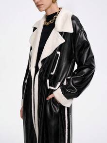SHEIN Stylify 女式休闲翻领仿皮草饰边束腰撞色饰边长款风衣，秋冬 - 彩色 - 查看 3