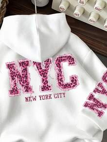 SHEIN EZwear Casual Minimalist NYC Leopard Print English Letter Sweatshirt, Suitable For Fall/Winter - Multicolor - View 3