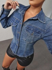 SHEIN Essnce 女式休闲水洗修身牛仔夹克 - 藍色 - 查看 7