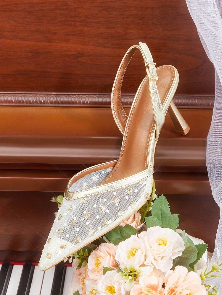 CUCCOO HITCHD Women's Autumn/Winter New Pointed Toe Stiletto High Heels, Elegant Glittering Luxury Romantic Sexy Courtly Style Gold Mesh Metallic Faux Leather High Heel Sandals, Suitable For Formal Occasions, Weddings, Parties, Halloween, Christmas, Thanksgiving, Birthdays