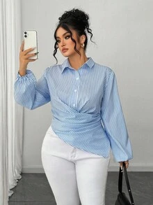 Elenzga Camisa feminina casual plus size com listras e bainha assimétrica, manga comprida, adequada para uso diário, outono/inverno - Multicolorido - Ver 4