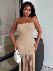 Alexandranx Vestido de ganchillo tipo body crochet para cubrir con flecos extra largos en color albaricoque, sin tirantes, para primavera y verano, ideal para vacaciones en la playa