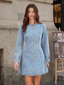 Selenza Women's Casual Round Neck Long Sleeve Short Denim Dress
