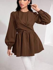 Veilorie Bluzka damska w jednolitym kolorze z okrągłym dekoltem i rękawami typu latarnia w talii, z falbanką na dole i skrzyżowanymi paskami - Kawowy brązowy - Zobacz 1