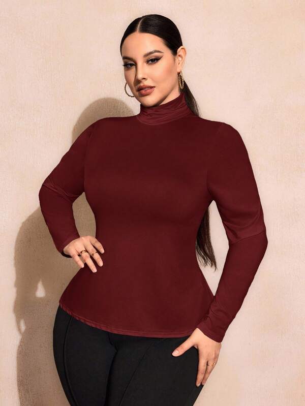 SHEIN SXY Plus Size Women's Autumn Wine Red Slim High Collar Long Sleeve Versatile T-Shirt Basic T-Shirt Burgundy Tops For Women Wine Red Top