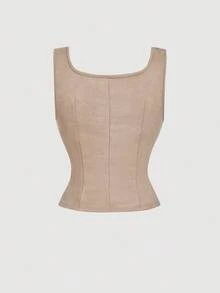 SHEIN MOD 女士卡其色刺绣系带麂皮白色背心，波西米亚风格上衣，适合音乐节穿着 - 卡其色 - 查看 2