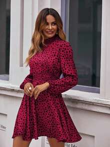 SHEIN Clasi 全身印花立领休闲百搭长袖连衣裙 - 酒紅色 - 查看 5