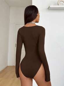 Coolane Women's Winter Streetwear Party Chic Y2K Gyaru Cutout Stretchy Long Sleeve V-Neck Brown Bodysuit - Brown - View 7