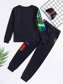 SHEIN 2 件套青少年男孩舒适贴身卡通游戏控制器图案圆领长袖 T 恤和紧身裤休闲舒适睡衣套装 - 藍色 - 查看 3