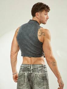 FeverCity Top en denim court à col rabattu, boutonnage simple, sans manches, avec œillets latéraux et lacets pour homme - Noir - Voir 2