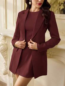 Vintamour 女式两件套复古优雅西装外套和无袖连衣裙优雅套装休闲夏季服装适合婚礼宾客、生日、办公室 - 酒紅色 - 查看 1