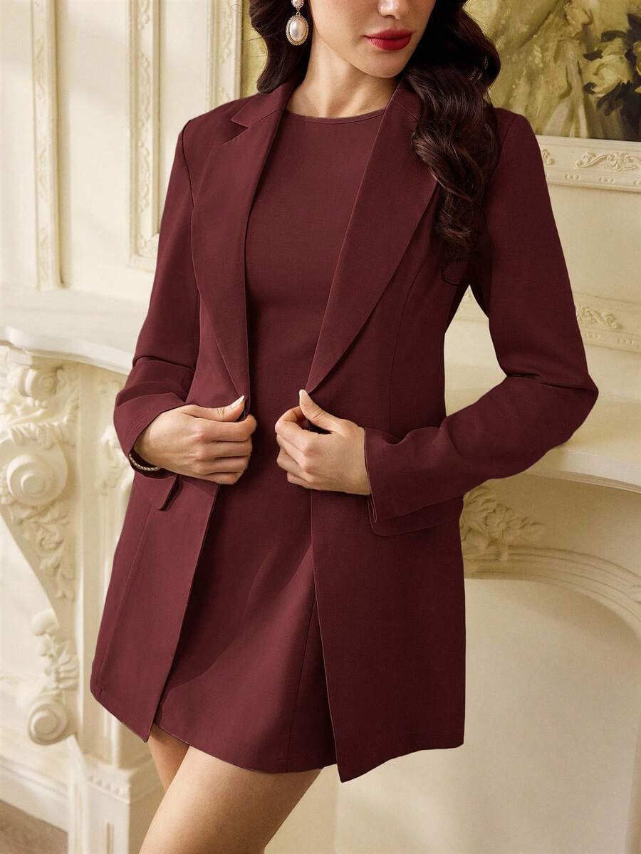 Vintamour 女式两件套复古优雅西装外套和无袖连衣裙优雅套装休闲夏季服装适合婚礼宾客、生日、办公室 - 酒紅色 - 查看 1