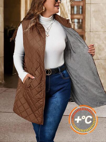 SHEIN Clasi Plus Size Solid Color Zipper Pocket Diamond Pattern Sleeveless Padded Coat, Autumn/Winter
