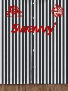 Manfinity VCAY 男士斯瓦米经典黑白条纹衬衫，简约时尚，左胸红色徽章设计，右胸独特红色定位标记，适合各种场合