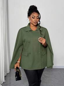 Maweii Plus Size Women Solid Color Button Front Cape Woolen Coat, Autumn/Winter - Army Green - View 10