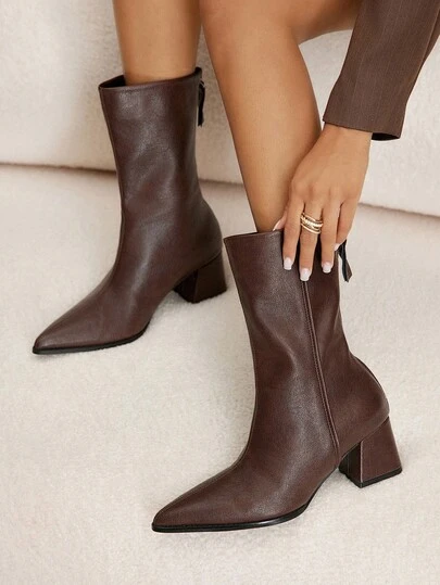 Daringsoles Women's New Thick Heel Pointed Toe Fashion Ankle Boots, Simple Black With Rhinestone Decor For Christmas