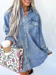 EMERY ROSE Women's Casual Washed Front Button Denim Shirt Dress, Autumn - Light Wash - View 1
