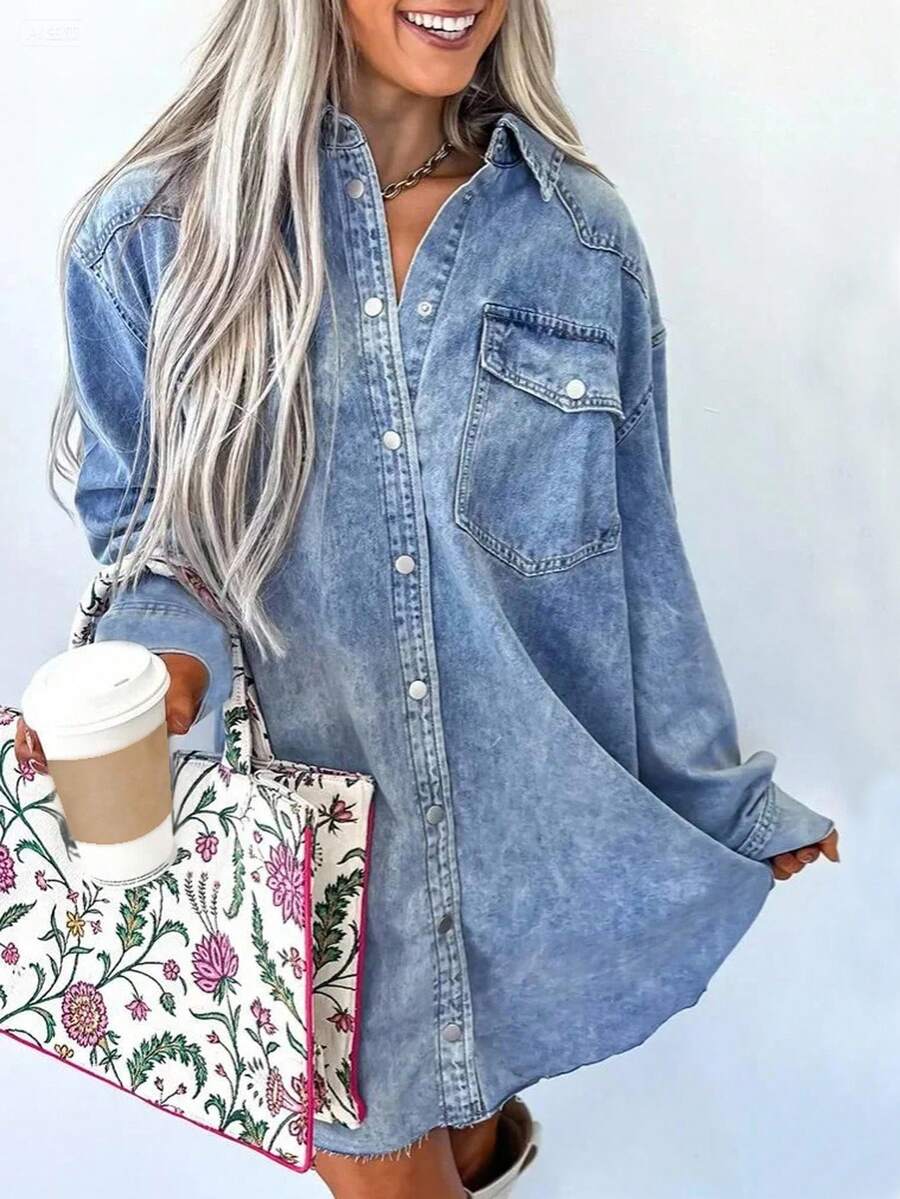 EMERY ROSE Women's Casual Washed Front Button Denim Shirt Dress, Autumn - Light Wash - View 1