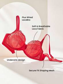 LUVLETTE Plus Christmas & New Years Full Coverage Support Breathable Underwire Red Mesh & Lace Elegance Bra Bridal Intimates - Red - View 4