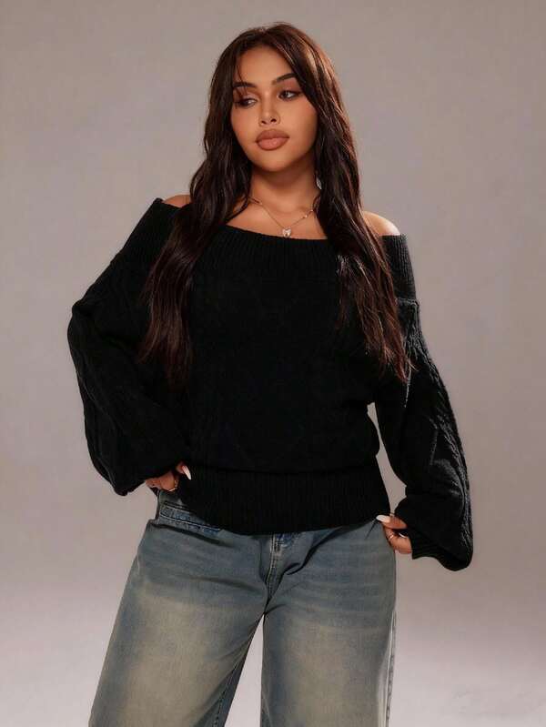 Rustia Plus Size Women's Solid Color Off-Shoulder Long Sleeve Loose Fashion Sweater, Autumn/Winter CASUAL