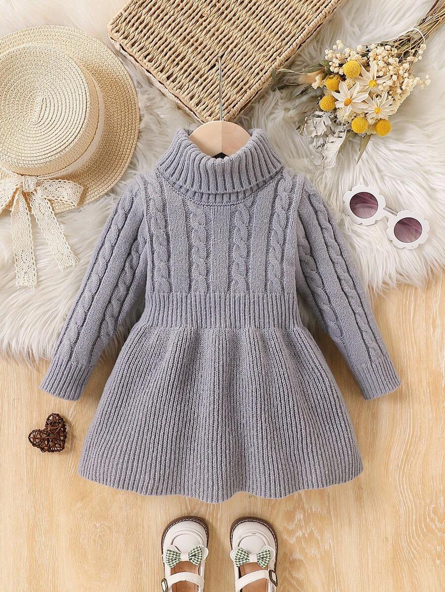 SHEIN Vintaside Kids 女婴高领长袖麻花图案休闲针织连衣裙，秋冬 - 灰色 - 查看 1